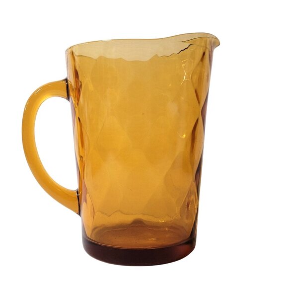Hazel Atlas Pitcher Diamond Optic Amber Gold Glass Two Qt 64 OZ  Beverage MCM - Picture 2 of 6